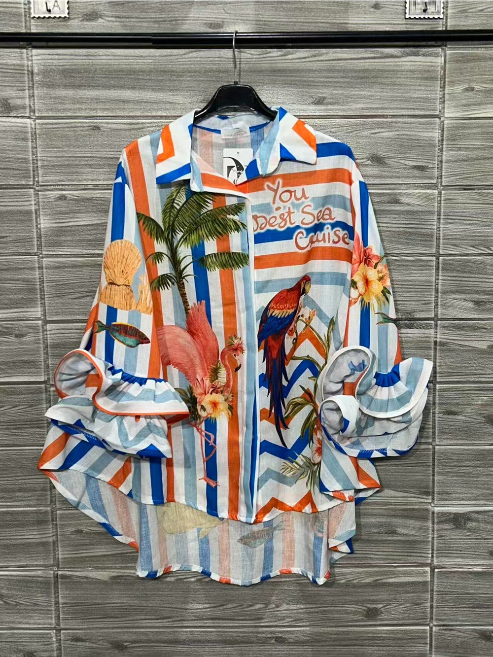 L713 | Loowie Best Sea Cruise Flamingo Button Shirt | Ruffle Sleeve One Size S-L - Picture 2 of 3